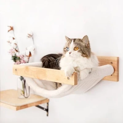 Image of FUKUMARU Cat Hammock Wall Mounted, Kitty Beds and Perches, Wooden Furniture, Stable Shelves for Sleeping, Playing, Climbing, Lounging, White Flannel