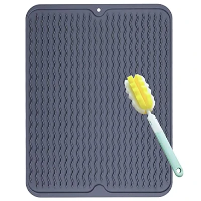Image of FOSER Silicone Drying Mat, 50 cm x 40 cm, Dish Mat with Cleaning Brush, Heat Resistant, Non Slip and Odourless