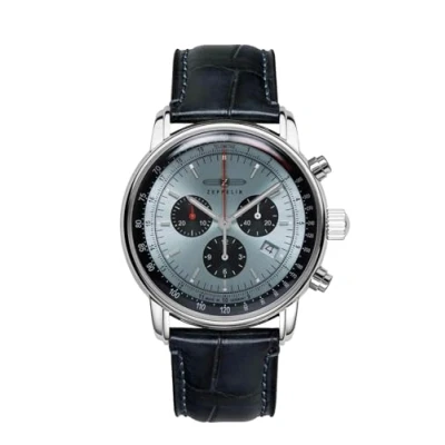 Image of Zeppelin Series LZ14 Navy with Leather Strap in Crocodile Look, Silver/ice Blue 8886 2