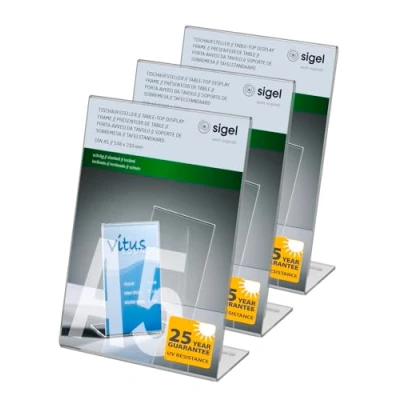Image of SIGEL TA212 Sign Holder, slanted, for A5, single sided presentation, uv resistant acrylic, transparent, 3 Pieces