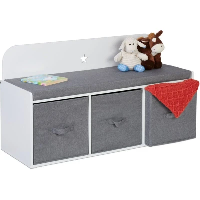 Image of Relaxdays Children&#039;s Bench with Storage, HWD: 54 x 99 35 cm, for Kids&#039; Room and Hallway, Upholstered, White/Grey, Fibreboard