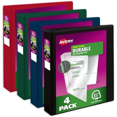 Image of Avery Durable View 3 Ring Binders, 1.5 Inch Slant Rings, 375 Sheet Capacity, DuraHinge, 2.1 Wide Spine, Customizable Clear Covers and Dark Colors (4 Pack of 05622)