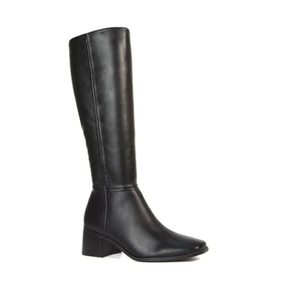 Image of ESSEX GLAM Women&#039;s Square Toe Knee High Boots Low Heel Ladies Black Synthetic Leather Zip Calf Long Booties Size 3