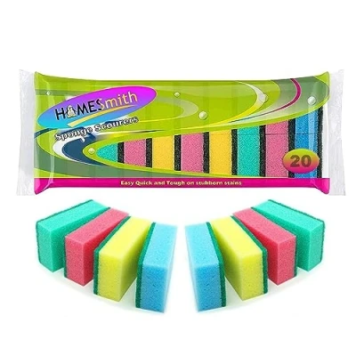 Image of HOMESmith Dual Sided Dish Washing &amp; Cleaning Sponges Absorbent, Non Scratch, Reusable Scourers 1 x 20 Packs, Foam, Mix Colours
