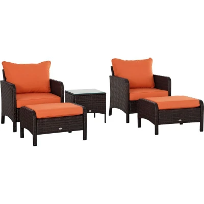Image of Outsunny 5 Pieces PE Rattan Garden Furniture Set with 10cm Thick Padded Cushions, Wicker Weave Outdoor Seating Chairs 2 Armchairs, Stools, Glass Top Table, Brown