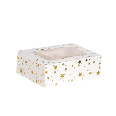 Image of Anniversary House Cupcake Box with Window and Removable 6 Hole Insert, Gold Star Foil Print, Easy Assembly, 7.5 x 16 23 CM, J072