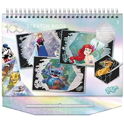 Image of Totum Disney 100 Scratch Book &amp; Colouring Stencils and Glitter Stickers with Anna Elsa, Mickey Mouse, Simba, etc. Activity for at Home on The go