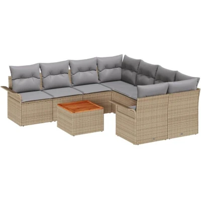 Image of vidaXL 9 Piece Garden Sofa Set with Cushions Beige Poly Rattan Acacia