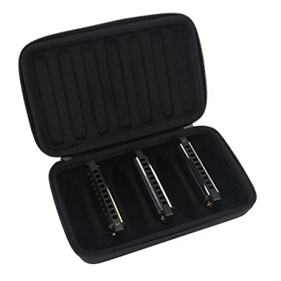 Image of Harmonica Case, PU Leather Storage Case Zippered Carrying Bag for 10 Holes Harmonicas