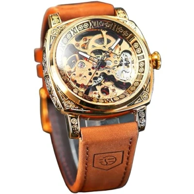 Image of FORSINING Square Luxury Retro Mechanical Watch for Men, Gorgeous Hollow Skeleton Self Wind Carved Automatic Watches Vintage Leather Strap Wristwatch Silver Dail Black Strap, Gold,