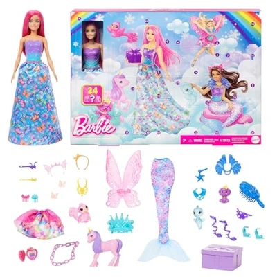 Image of Barbie Advent Calendar with Doll &amp; 24 Surprise Accessories Including Unicorn 3 Pets, Transform Pink Haired Fashion into Mermaid, Fairy More, HRG90