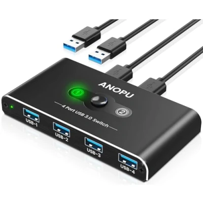 Image of USB 3.0 Switch, Switch 2 Computers Sharing 4 Devices, 5Gbps Highspeed, in out Swithcher Selector for Mouse, Keyboard, Scanner, Printer with pcs Cable A to