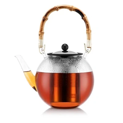 Image of Bodum Piston Teapot, Stainless Steel Filter, Natural Bamboo Handle, Transparent, Glass 1.5 L