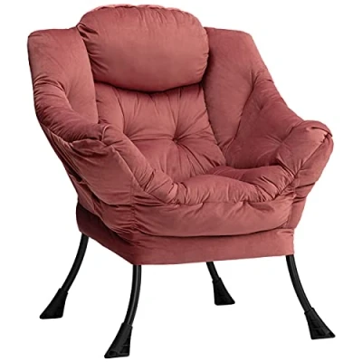 Image of HollyHOME Armchair Velvet Reading Chair Comfy Accent Bedroom Lounge with Armrests Leisure Sofa Steel Frame, Pink