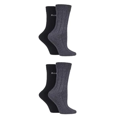 Image of Elle Ladies Patterned and Plain Assorted Sock Styles including Anklets, No Show, Trainer Regular Bamboo Socks in a Multipack of 4 Boot Black/Grey Rib 8
