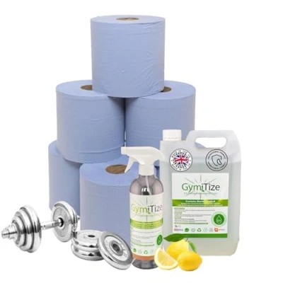 Image of GymiTize Eco Friendly Gym Equipment Disinfectant Spray cleaner (5 Litre Bundle), Including 1 x Triggered bottle and 6 2 Ply Blue Centerfeed Rolls: 500 Sheets Per Roll.