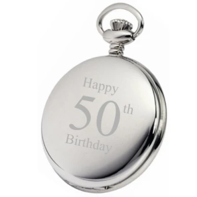 Image of PERSONALISED SILVER 50TH BIRTHDAY POCKET WATCH WITH CHAIN PW196 CAN BE ENGRAVED FREE