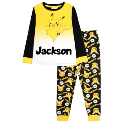 Image of Pokemon Personalised Long Sleeve Pyjamas 100% Cotton, Soft &amp; Warm Winter PJs for Boys Girls Pikachu Design 9/10 Years Black/Yellow