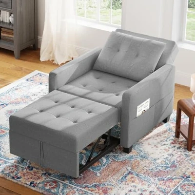 Image of Vesgantti 3 in 1 Sofa Bed Light Grey, Convertible Sleeper Chair with Adjustable Backrest, Fabric Single Side Pockets, Foldable Bed, Pull Out for Living Room