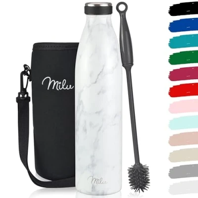 Image of Milu Stainless Steel Drinking Bottle 350ml 500ml 750ml 1L 1,5L Thermo Insulated Water Bottle, Leak Proof Double Walled, Carbonated incl. Cleaning Brush (Marble, 750ml)