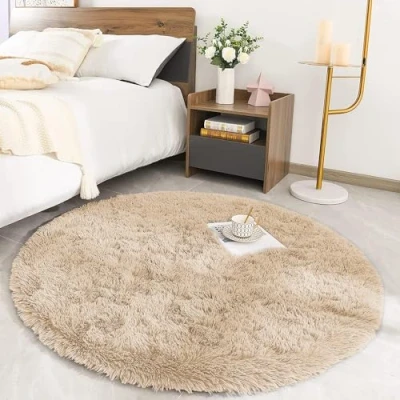 Image of MOONLIGHT20015 Round Rugs Living Room Beige Area for Bedroom 120x120 cm Anti Slip Modern Super Soft Thick Pile Fluffy Shaggy Rug Plush Carpet Non Shedding Easy to Clean