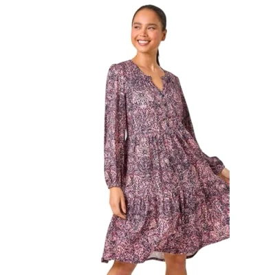 Image of Roman Petite Linear Print Tiered Stretch Dress for Women UK Ladies Autumn Everyday Winter Holiday V Neckline Comfy Long Sleeve Soft Button Front Frock Day Date Gowns Navy Size 16