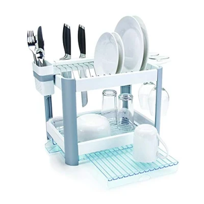 Image of Minky Twin Tier Extending Dish Rack, Drainer Rack With Draining Drip Tray, Slide Out Extra Tray &amp; Cutlery Holder, Space Saving