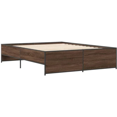Image of vidaXL Double Bed Frame Brown Oak Finish, 160x200 cm, Engineered Wood/Metal, Supportive Headboard, Plywood Slats