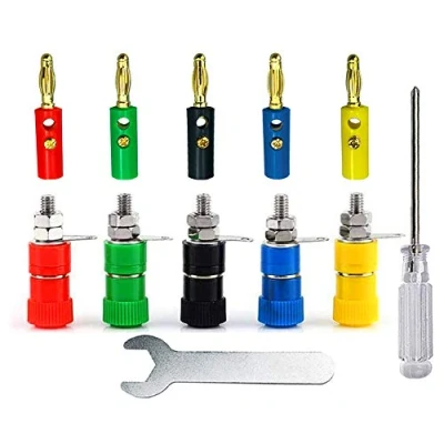 Image of Aiqeer 20 Pairs 4 mm Banana Plug Socket Connector Set, Gold Plated and Binding Post Terminal Kit, for Speaker, Audio/Video Receiver (Red, Yellow, Blue, Green, Black)