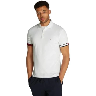 Image of Tommy Hilfiger Men’s Short Sleeve Flag Cuff Slim Fit Polo Shirt, White (White), L