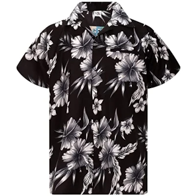 Image of King Kameha Men&#039;s Hawaiian Shirt Button Up Beach Wear Tropical Flowers Quick Dry Caribbean, Mono Flowers, Black Grey, M