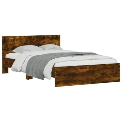 Image of vidaXL Bed Frame with Headboard/LED, Smoked Oak 140x200 cm, Modern Engineered Wood Plywood Slats, Bedroom Double