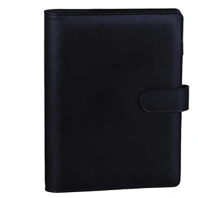 Image of HAUTOCO PU Leather A5 Binder, Ring Binder Budget Cover, Refillable 6 Notebook, Organiser for Refill Paper Insert Pages Office, School, and Travel, Black