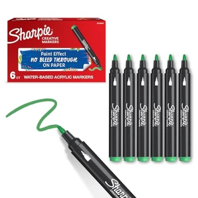 Image of Sharpie Creative Marker Acrylic Paint Pens Bullet Tip Water Based Markers Green No Bleed Ink Writes on Most Surfaces School &amp; Revision Supplies 6 Count