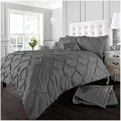 Image of GC GAVENO CAVAILIA Pleated Duvet Cover Sets, Pintuck Bedding Sets King Size, 3 Piece Quilt Comforter Covers Charcoal