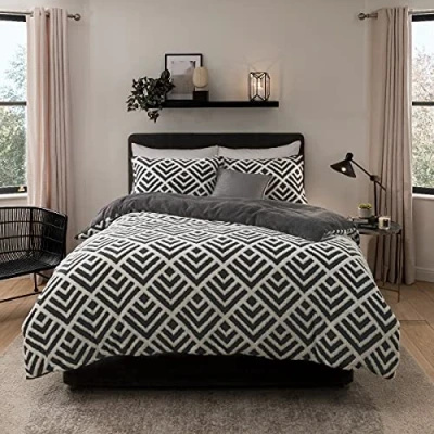 Image of Sleepdown Geo Jacquard Fleece Thermal Warm Cosy Super Soft Duvet Cover Quilt Bedding Set with Pillow Cases King (220cm x 230cm) Charcoal Grey White