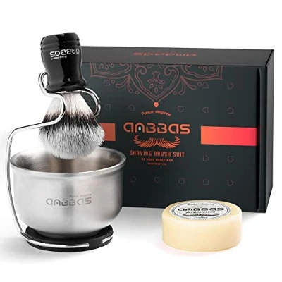 Image of Anbbas Synthetic Badger Shaving Brush Set, 4IN1 Kit with Stainless Steel Stand and Lathering Foam Bowl, 3.5OZ Natural Soap Puck Refill for Men Wet Close Shave