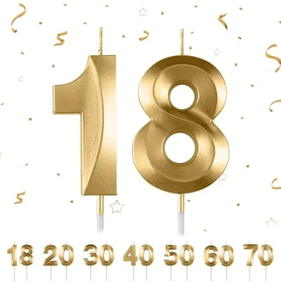 Image of 18th Birthday Candles Numbers 18 Gold for Cake, 3D Diamond Shape Cake Decorations Party Wedding Anniversary Celebration Supplies