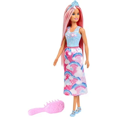 Image of Barbie Doll Rainbow Princess Look with Extra Long Pink Hair and Hairbrush