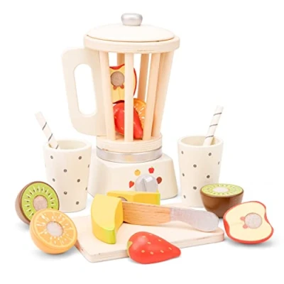 Image of New Classic Toys 10708 Blender with Wooden Fruits Set for Children Kids, Montessori Toys, Play Kitchen Accessories 8 Pcs, Beige, Smoothie Maker White