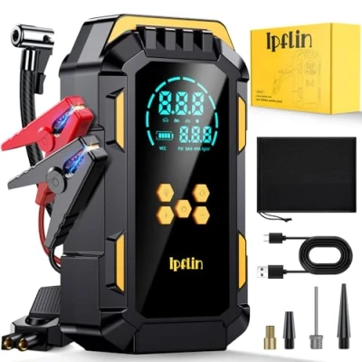 Image of Ipflin Jump Starter Power Pack Tyre Inflator Air Compressor 150 PSI,12V Portable Car Battery Booster for 9L Gas/8L Diesel, with Leads, 3 Light, LCD Display