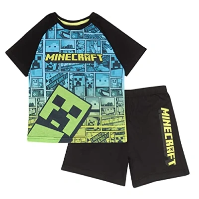Image of Minecraft Creeper Comic Short Pyjamas Set, Kids, 5 14 Years, Multicoloured, Official Merchandise 12 13 Years