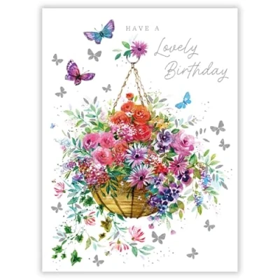 Image of Female Birthday Card for Women General Her Hanging Basket and Butterflies Artistic Floral Design Made in the UK Eco Friendly
