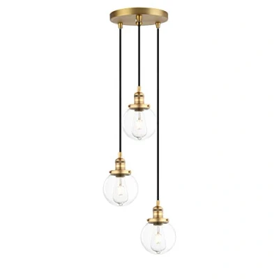 Image of Phansthy Industrial Pendant 3 Lights Chandelier Flush Mount Light with Globe Glass Shade, E27 Hallway Ceiling Hanging Lamps for Living Room, Kitchen Modern Triple (Antique Brass)