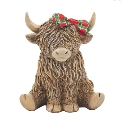 Image of hcg Highland Cow With Tartan Bow Ornament Resin 12cm