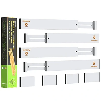 Image of ANTOWIN 8PCS Bamboo Drawer Dividers, Separators Splitter, 43 56CM Long Adjustable Spring loaded Organizer for Large Utensil, Clothes, Tools Drawers, 4 Pack Dividers + Baffle (white)