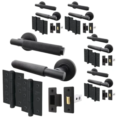 Image of EAI Black Door Handle Latch Set Pack of 5 Round Knurled Internal Handles, (66mm), Hinges (76mm) Matt Lever On Rose Dolton Range