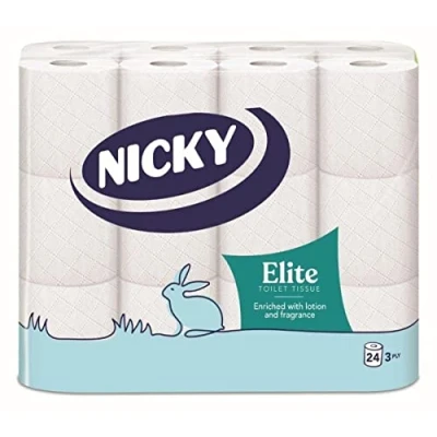 Image of Nicky Elite Scented Toilet Tissue 24 Rolls of White Paper 3 ply Talc Scent Softness to The Skin Enriched with Lotion 100% FSC Certified Extra Value Pack