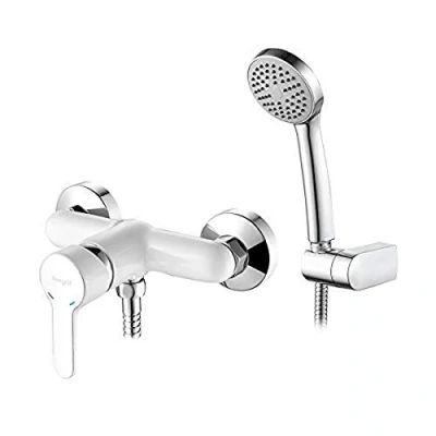 Image of Ibergrif Square, White Shower Mixer, Bath Tap with Handset, Hose, Holder