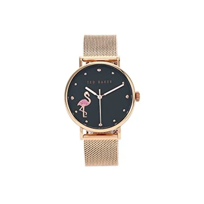 Image of Ted Baker Women&#039;s Phylipa Flamingo Rose Gold Mesh Bracelet Black Dial BKPPHF019